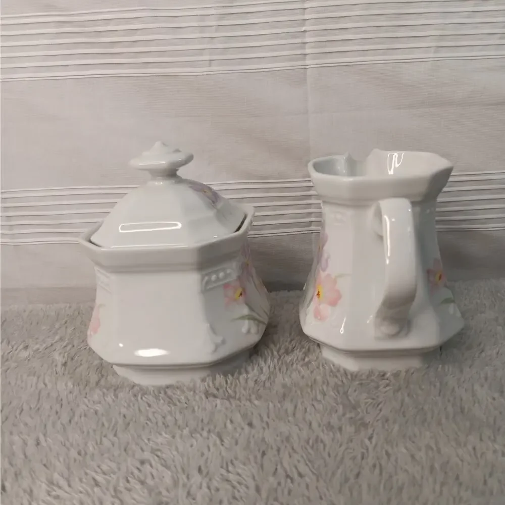 Mitterteich Floral Creamer and Sugar Dish Bowl with Lid White Purple Vintage